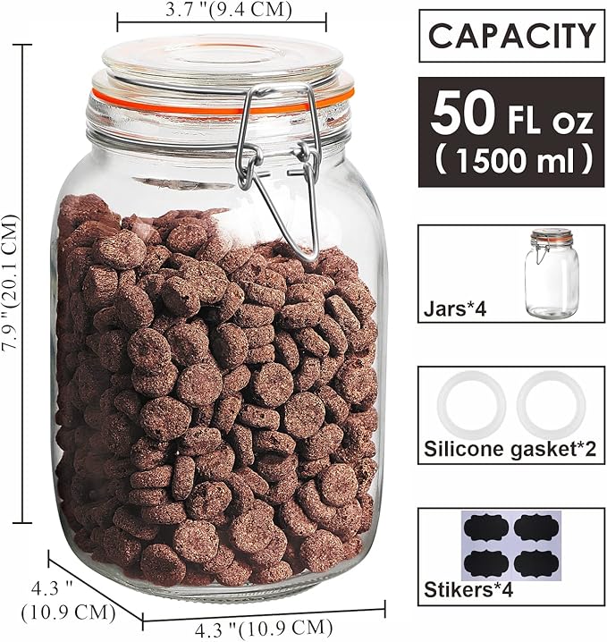 Qianfenie 50 oz Glass Jars with Airtight Lids, Wide Mouth Mason Jars with Clip Top Lids for Kitchen - Square Glass Jars with Chalkboard Labels and Replacement Silicone Gaskets, Set of 4