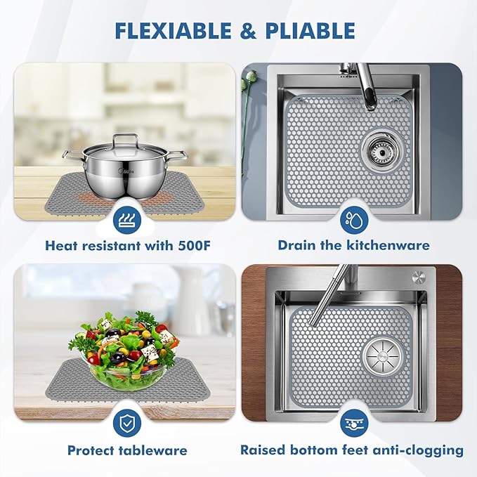 Bestjing 2 Pack Silicone Kitchen Sink Protector Mat with Rear Drain - 13.58''x 11.6'' Kitchen Sink Accessory, Folding Non-Slip Heat Resistant Mat Grid for Bottom of Porcelain Stainless Steel
