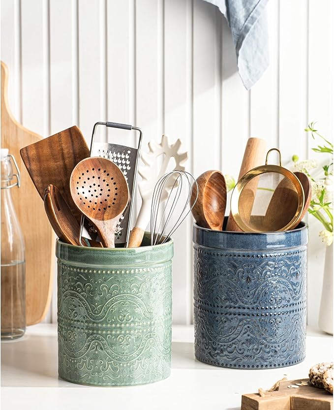 Kitchen Utensil Holder, 7 Inches Large Ceramic Utensil Holder for Countertop, Lace Emboss Cooking Utensil Crocks for Kitchen, Home Decor, Off-White, Forest Green