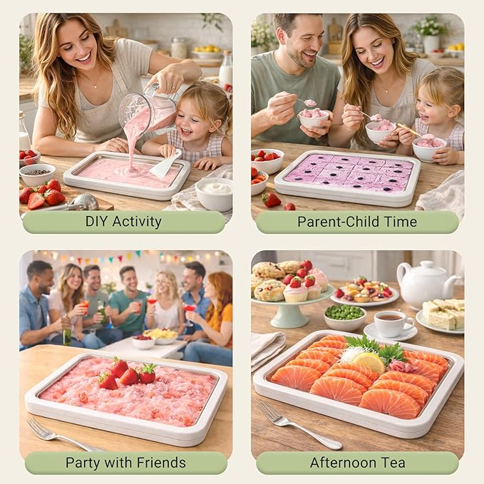 Rolled Ice Cream Maker with Lid and 2 Spatulas, SUS 304 At-Home DIY Instant Rolled Ice Cream Tray for Soft Serve, Slushies, Frozen Yogurt, Sashimi Plate, for Fun Family Activities, Parent-Child Time