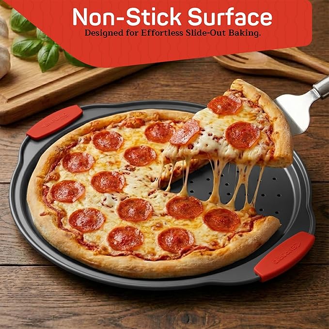 Non-Stick Pizza Pan with Silicone Handle 1 Pack, 13 Inch Round Carbon Steel Tray with Perforated Holes, Dishwasher & Oven Safe Up To 450°F, PFOAPFOSPTFE Free, Durable Nonstick Gray Coating