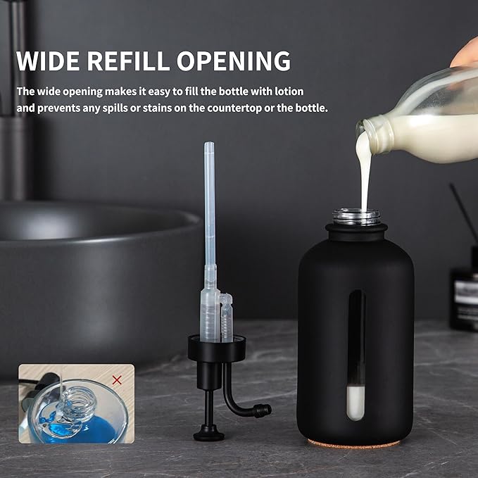 Enra Black Soap Dispenser with Window,17oz Glass Hand Soap Dispenser Stainless Steel Hand Pump,Liquid Soap Dispenser Countertop Lotion Bottle for Bathroom Kitchen(Black-Liquid 2)