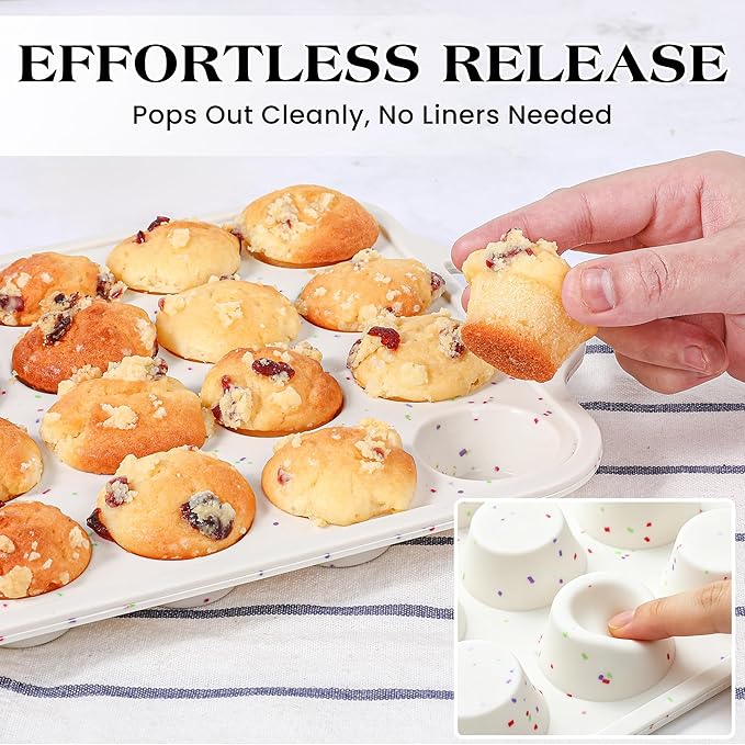 1 Pc Mini Muffin Pan with Metal Reinforced Frame, 24 Cups Nonstick Silicone Cupcake Tray for Baking, Food Grade Small Muffin Molds with Handles (Cream)