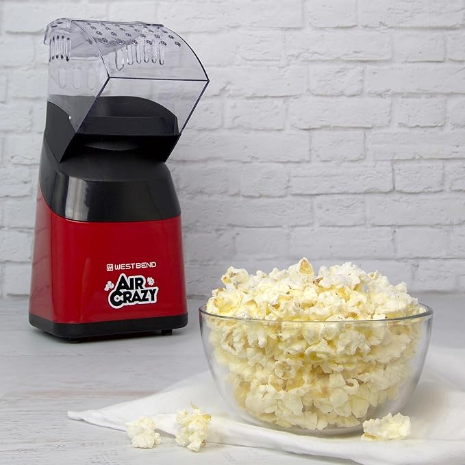 West Bend Air Crazy Hot Air Popcorn Popper Machine for Healthy Snacking with No Oil, Includes Dual-Purpose Measuring Cup & Butter Melter, 4-Quart, Red