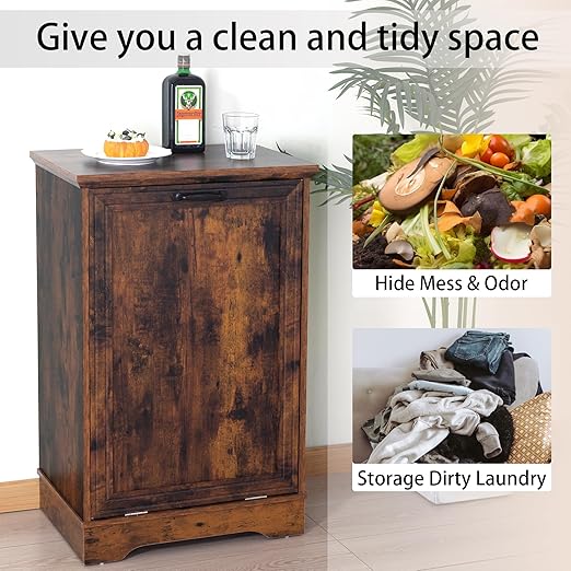 13 Gallons Tilt Out Trash Cabinet, Hidden Trash Can Cabinet Wooden Tilt Out Pet Proof Hidden Trash Bin Cabinet for Kitchen Living Room (Rustic Brown)