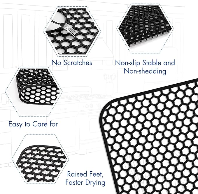 Bestjing Silicone Sink Protectors for Kitchen Sink with Center Drain - 29.7"x 15.5" Kitchen Protector Accessory, Non-Slip Heat Resistan Mat for Bottom of Farmhouse Stainless Steel Porcelain (Black)