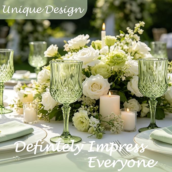 Plastic Wine Glasses, Plastic Goblets Vintage Style Cordial Unbreakable Drinking Glasses, Reusable Drinkware for Wedding Reception, Grand Event Party Supplies (12, New Green)