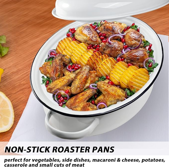 Webake Enameled Roasting Pan with Lid, Covered Roaster Pan Oval Pot Enamelware Cookware, 15.5 Inch, Vintage Farmhouse White