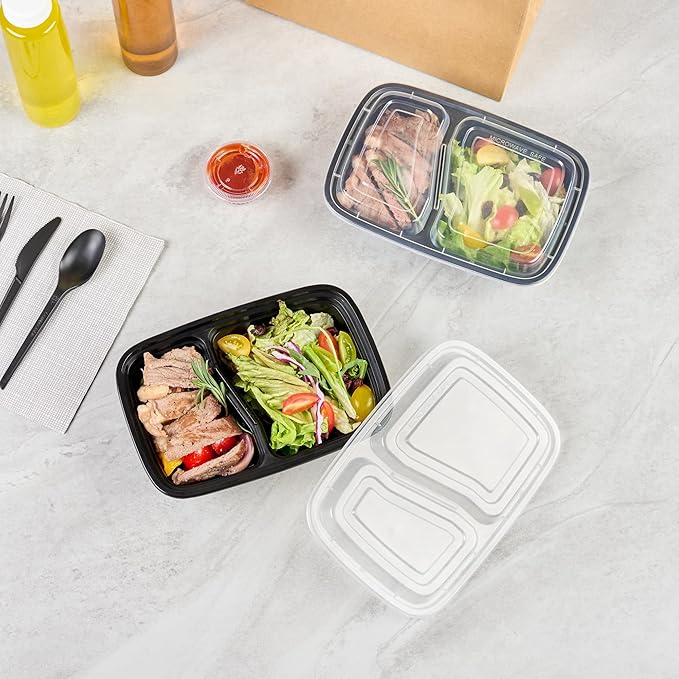 Asporto 32 Ounce Compartment Take Out Boxes, 50 Microwavable Meal Prep Containers - 2 Compartments, With Clear Plastic Lids, Black Plastic Food Containers, Do Not Contain BPA - Restaurantware