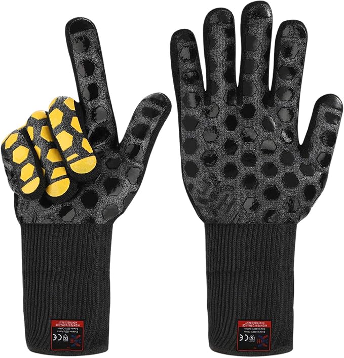 J H Heat Resistant Oven Glove:EN407 Certified 932 °F, 2 Layers Silicone Coating, Oven Mitts for Cooking, Kitchen, Fireplace,Camping, Grilling (Black/Yellow, Extra Long Cuff)