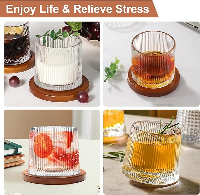 Rotatable Old Fashioned Glass, 275ml/10oz Crystal Whiskey Glass Set of 4, Wood Coaster, Thickening, Used as Rum Glass, Cocktail Cup, Coffee Cup, Milk Cup to Relax and Reduce Stress, Christmas gifts