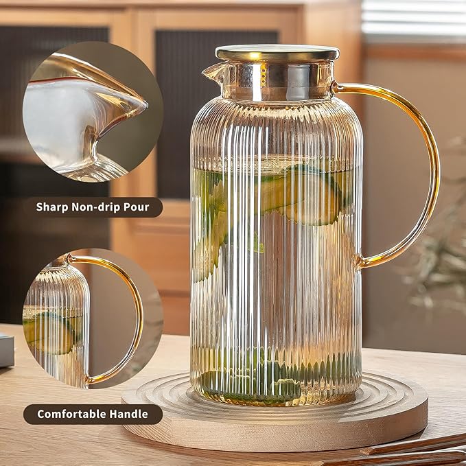 Buaic Glass Pitcher with Lid, 68 oz/ 2 Liter Amber Classic Vertical Stripes Water Pitcher,Glass Water Carafe for Cold Brew, Coffee, Lemonade, Iced Tea,Beverage, Heat Resistant Water Glass Jug