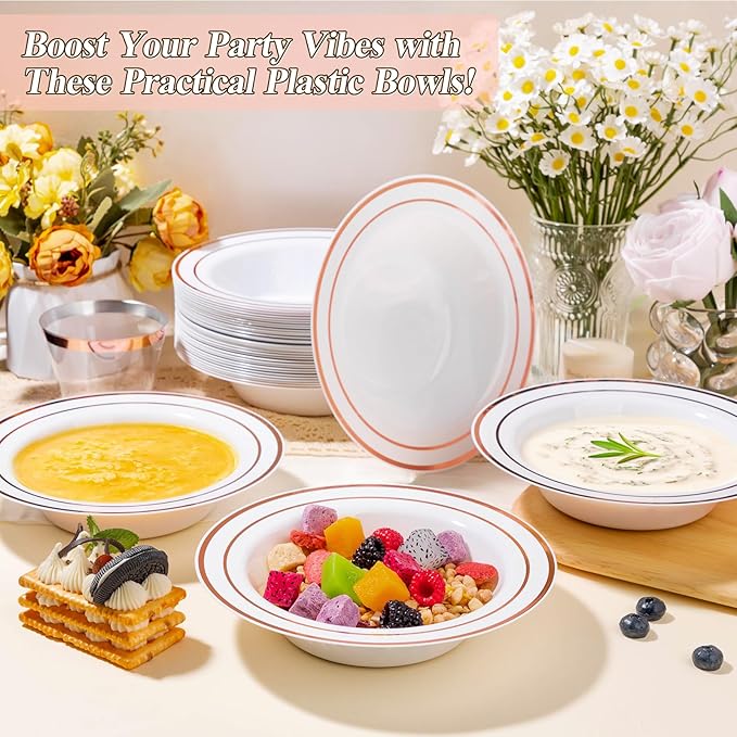 100 Pack Disposable Soup Bowls with Rose Gold Rim, 12oz Premium Heavy Duty Plastic Dinner Bowls for Party, Wedding and Holiday