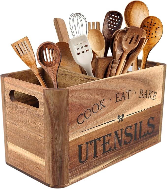 Utensil Holder for Kitchen Countertop - Extra Large 3 Compartment Wooden Organizer in Acacia Wood, Storage for Cooking Tools and Cutlery, Farmhouse Style for Home Cooking