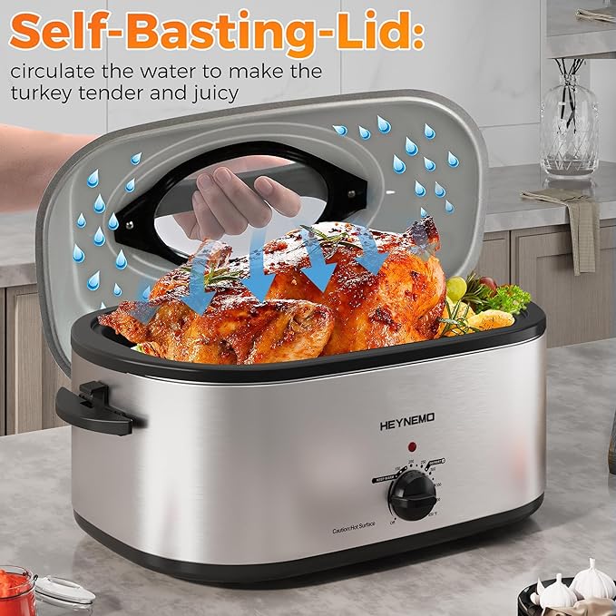 28Qt Electric Roaster Oven, with Self-Basting Lid, Removable Pan, Cool-Touch Handles, 1450W Stainless Steel Turkey Roaster Oven, Silver
