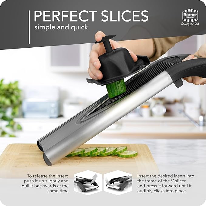Börner Mandline Slicer V6 (Profi Set) • Stainless Steel Slicer with V-Blade • Adjustable Vegetable Slicer for Vegetables & Fruits • Slices, Strips & Dices in Various Thicknesses • Grater