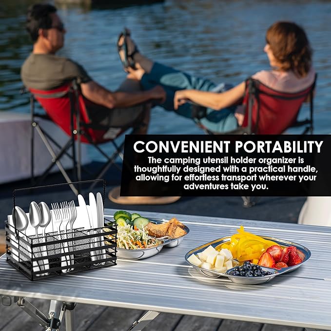 Stainless Steel Utensil Basket,Dishwasher, Flatware Basket, Kitchen, Countertop, Office, Camping, Outdoors, and Restaurants, 4-Compartment, Black