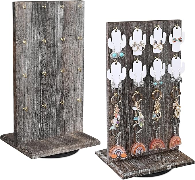 Ikee Design Wooden Rotating Two-Sided Jewelry Display Stand, Rotating Organizer with 32 Hooks for Store, Earring Keychain Display with Hooks, Coffee color, 9 W x 7.5 D x 16.5 H in