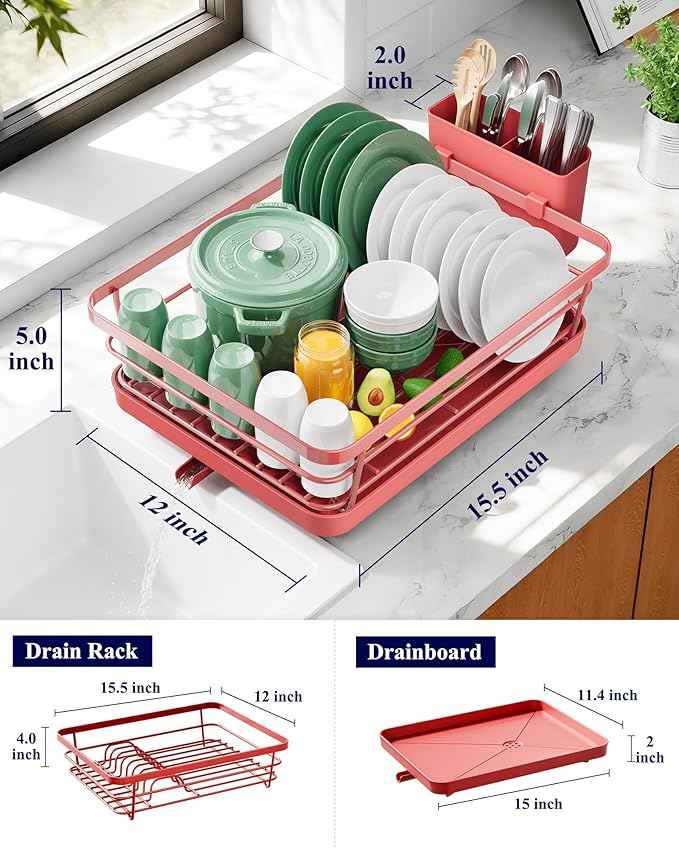 Kitsure Dish Drying Rack for Kitchen Counter, Stainless Steel Sink Organization and Storage Essentials with Cutlery Holder, Home and Appartment Decor, 12''W x 15.5''L, Red