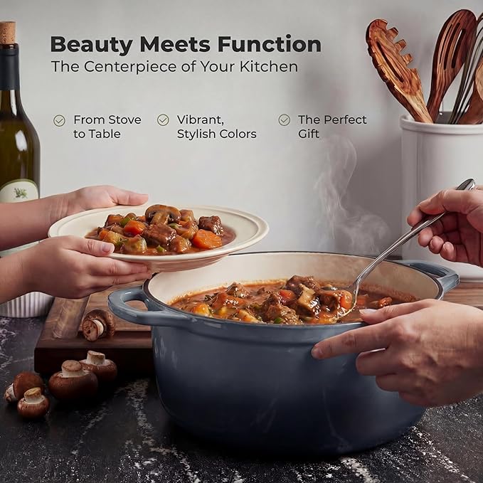Zulay Kitchen 5 Quart Enameled Cast Iron Dutch Oven Pot with Lid – Premium Durability & Oven Safe up to 500°F – Heavy Duty Cookware Perfect for Bread Baking, Stews, Braising & Roasting – Gray