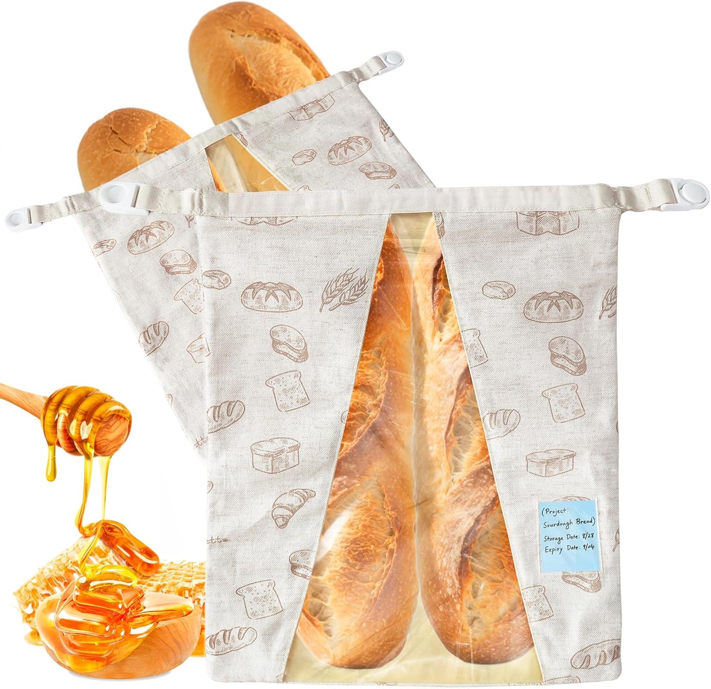 Reusable Beeswax Bread Bags for Homemade Sourdough with Clear Window, Linen Waxed Storage Containers,Eco-Friendly, Freezer-Safe, Sourdough Accessories (2-Pack)