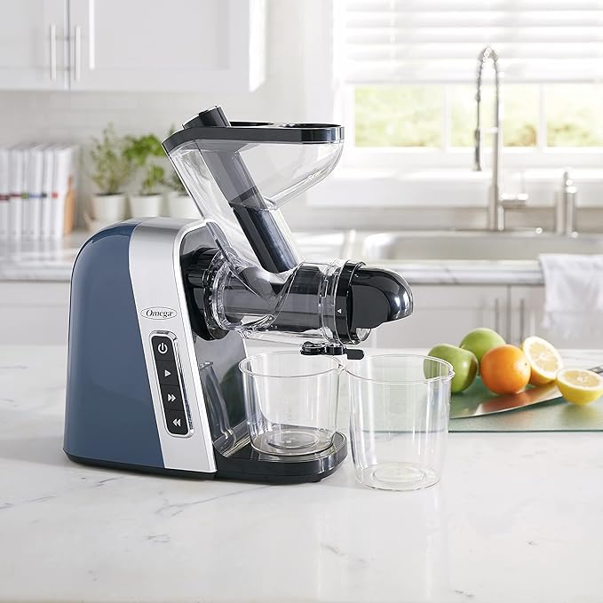 Omega Cold Press Juicer Machine, Vegetable and Fruit Juice Extractor, BPA Free, Slow Masticating High Juice Yield with Wide Mouth Chute, 200-Watt, Blue