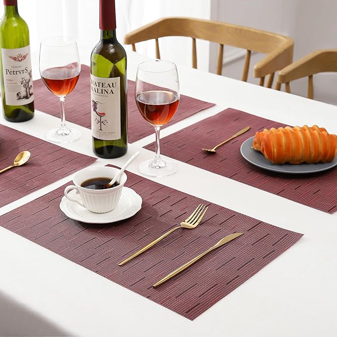 Leetaltree Burgundy Placemats Set of 4 - Heat Resistant Non-Slip Place mats for Dining Table, Washable Durable PVC Vinyl Woven Table Mats（Burgundy, 4）