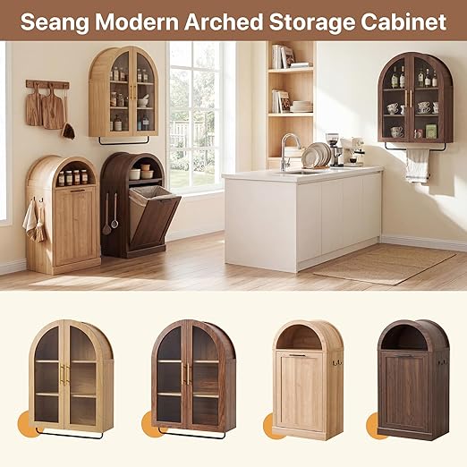 Seang Arched Tilt-Out Trash Can Cabinet,Laundry Hamper Cabinet with Foldable Laundry Basket,Wooden Hidden Garbage Can Cabinets with Metal Handle & Hooks,Walnut