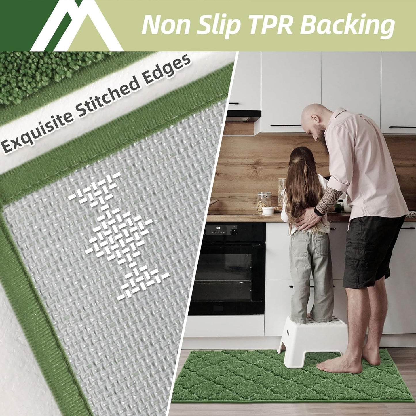 COSY HOMEER Soft Kitchen Floor Mats for in Front of Sink Super Absorbent Rugs 20"x59" Non-Skid Kitchen Standing Mat Washable,Polyester,Green