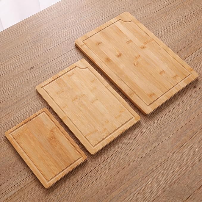 Chopping Boards,3PCS Natural Wood Cutting with Juice Grooves Inner Handles Multi Purpose Kitchen Prep Boards