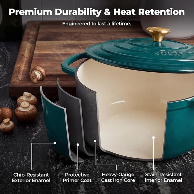 Zulay Kitchen 5 Quart Enameled Cast Iron Dutch Oven Pot with Lid – Premium Durability & Oven Safe up to 500°F – Heavy Duty Cookware Perfect for Bread Baking, Stews, Braising & Roasting – Emerald
