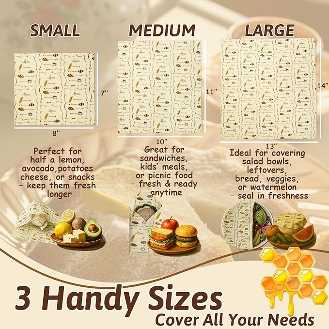 Reusable Beeswax Bread Bags Set – 2 Large Organic Linen Bread Bags (17 x 13 Inches) + 3 Beeswax Wraps for Food, Homemade Bread, Bagel,Sourdough, Freezer Safe & Keeps Food Fresh