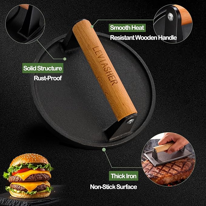 2.2lbs Heavy-Duty Griddle Press for Bacon Burger Steak Meat Paninis Burger Bacon Vegetables, Cast Iron BBQ Grill Press for Weber Blackstone Camp, Food Press for Cooking Round Wood Handle