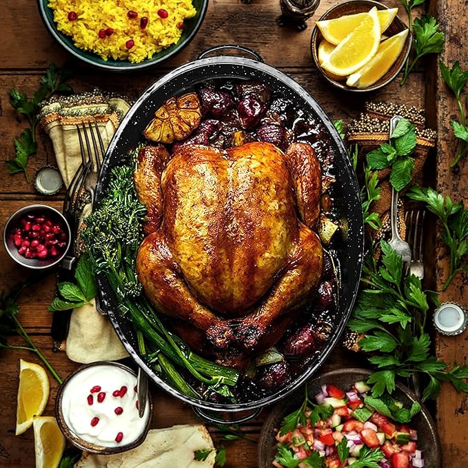 JY COOKMENT 19" Enameled Oval Roasting Pan with Domed Lid - Great for Roasting Turkey, Chicken, Lamb, Vegetables - Dishwasher Safe, Fits 20lb Turkey