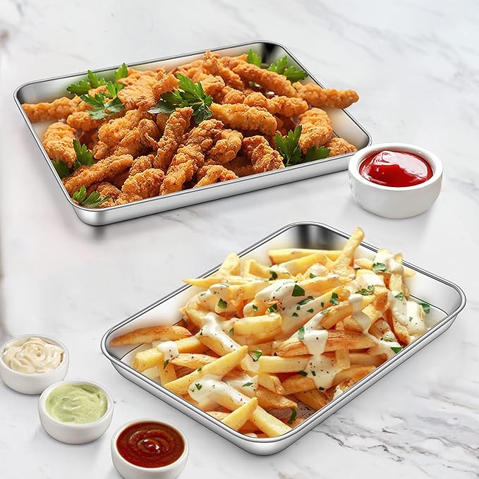 Homikit 2 Pack Baking Sheet, 10 x 8 Inch Stainless Steel Cookie Tray Set for Cooking Toasting, Small Metal Toaster Oven Baking Pan Non Stick, Rustproof & Mirror Finish, Dishwasher Safe