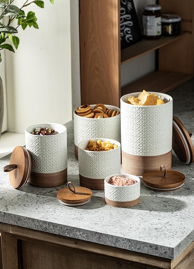 Miamolo Large Coffee Containers with Lids, Ceramic Coffee Canister Kitchen Food Storage Cookie Jars with Airtight Lid for Spice Sugar Tea Candy, Stackable Decorative Jars for Counter - White 28 fl.oz