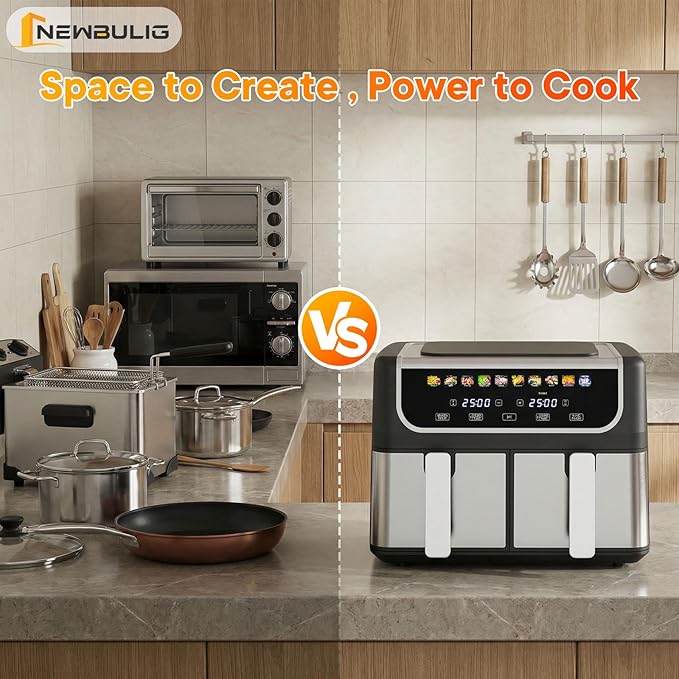 NEWBULIG Dual Air Fryer with 2 Baskets 9.5 QT, 10 in 1 Large Air Fryers with Ceramic Crisper Plate, Match Cook, Sync Finish, Shake Reminder, 80-450°F Wide Temp, Roast, Defrost, Dehydrate, Bake, Black