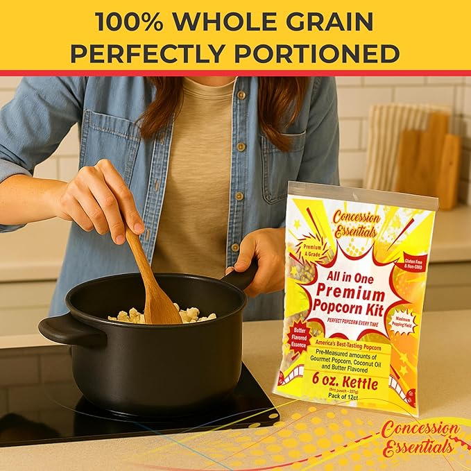 Concession Essentials 6oz Popcorn Portion Packs – Pre-Measured Kernels, Oil & Salt – Case of 12 Packs for Perfect Popcorn Every Time