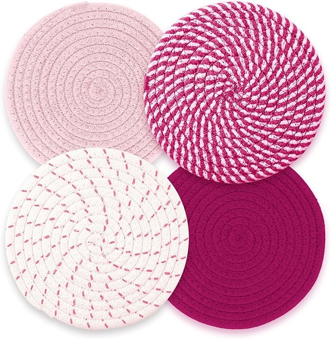Trivets for Hot Dishes, Hot Pads for Kitchen, 7'' Trivets for Hot Pots and Pans, Pot Holders for Kitchen, Pot Holders Heat Resistant 4-Pcs, Kitchen Essentials for New Home (Pink)