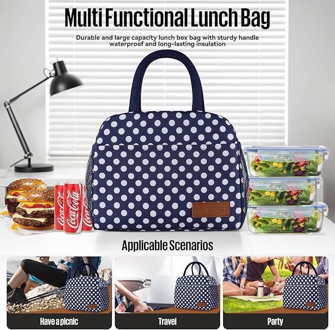 douyadady Lunch Bag Women/Men Lunch Box Women/Men (Blue+White dots)