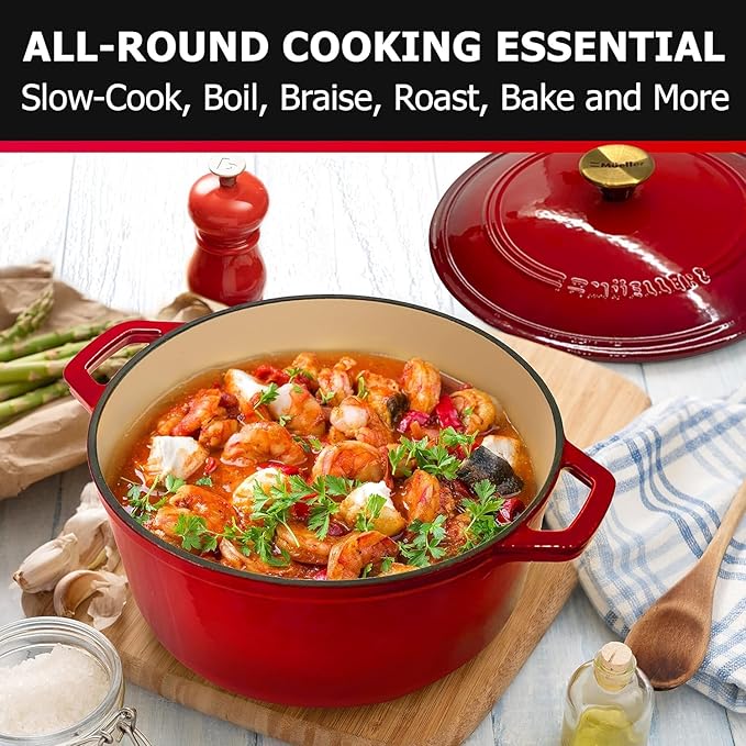 MUELLER HOME 7.5 QT Enameled Cast Iron Dutch Oven, Heavy-Duty Casserole Dish and Braiser Pan with Lid and Stainless Knob, Oven-Safe up to 500° F & Across All Cooktops, Red