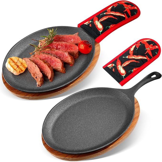 Lallisa 2 Sets Cast Iron Fajita Plate Set Fajita Plate Pan with Wooden Tray Anti Scald Protection Hot Mitt Cast Iron Skillet Set for Home Barbecue Kitchen Party Restaurant Catering Service
