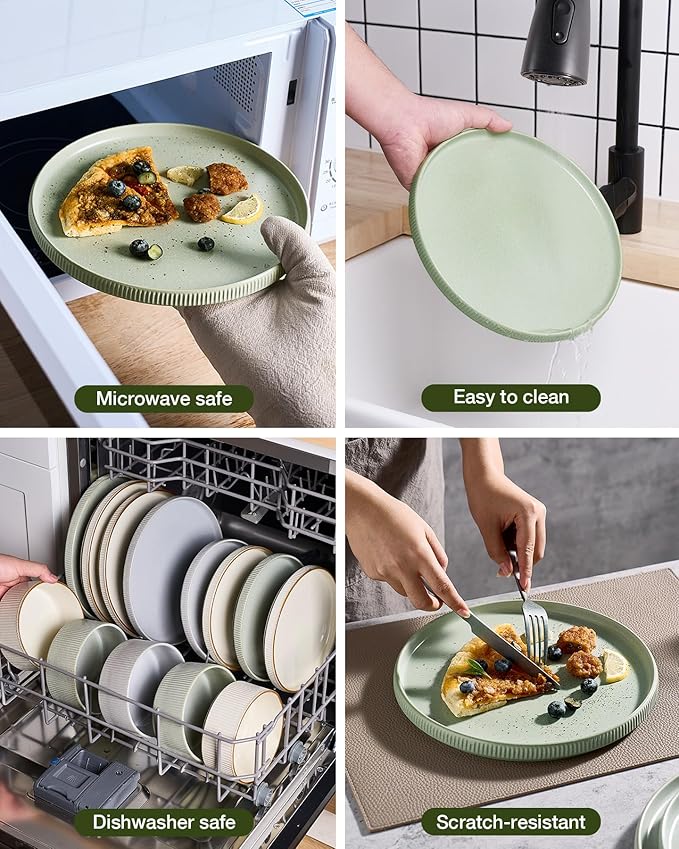 Famiware Star 24-Piece Stoneware Dinnerware Sets for 6 - Shallow Pasta Bowls & Flat Plates, Modern Rustic Reactive Glaze Dishes, Chip & Scratch Resistant, Microwave & Dishwasher Safe, Matte Sage Green