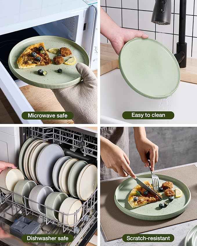 Famiware Star Stoneware Dinnerware Sets for 4 (16pcs), Chip Resistant, Microwave and Dishwasher Safe Complete Dishes, Pasta Bowl, Cereal Bowl, Dinner Plate, Salad Plate, Ribbed, Matte Sage Green