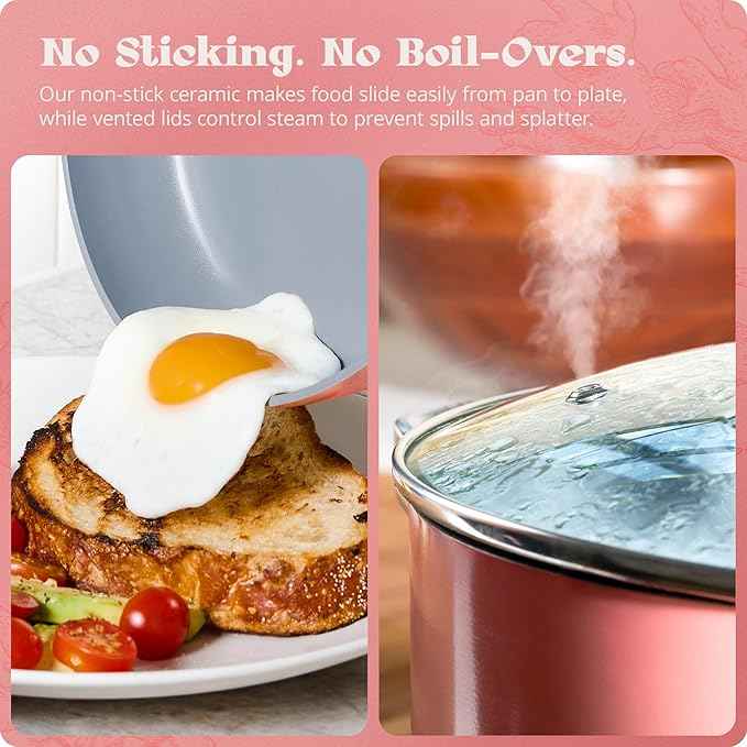 Premium Non-Toxic Ceramic Cookware Set – Triple-Layer Nonstick 12 Piece Pots and Pans with Lids, PFAS-Free, Oven Safe for Healthy Meals, Space-Saving Design, Coral Pink Color | Greater Goods