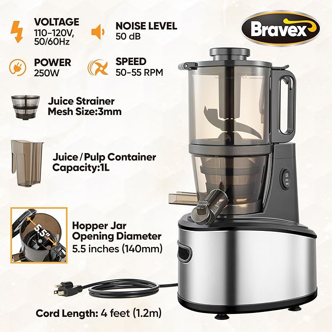 Cold Press Juicer, 5.51" Wide Feed Chute Juice Extractor Machine with 250W, High Juice Yield, Slow Masticating Juicer for Whole Vegetables & Fruits, Healthy Ice Cream Maker