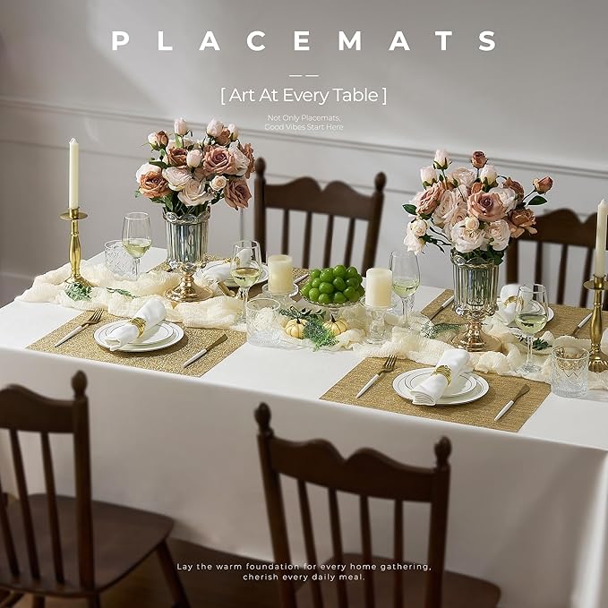 Leetaltree Gold Placemats Set of 6 - Heat Resistant Non-Slip Place mats for Dining Table, Washable Durable PVC Vinyl Woven Table Mats(Luxury Gold, 6)