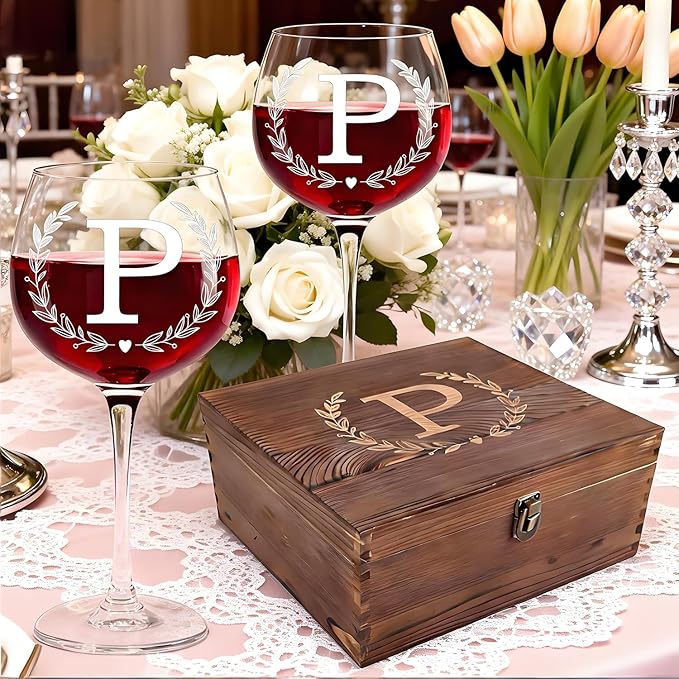 GZLDGIFTS Personalized Initial Wine Glasses Box Gift Set for Women Mom Engraved Birthday Monogrammed Wooden Wedding Anniversary Wine Couples Stopper Opener Initial Letterr (P Set)