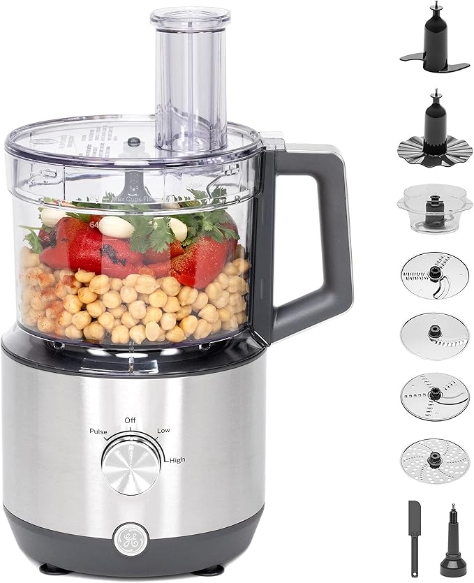 GE Food Processor | 12 Cup | Complete With 3 Feeding Tubes & Stainless Steel Accessories - 3 Discs + Dough Blade | 3 Speed | Great for Shredded Cheese, Chicken & More | Kitchen Essentials | 550 Watts