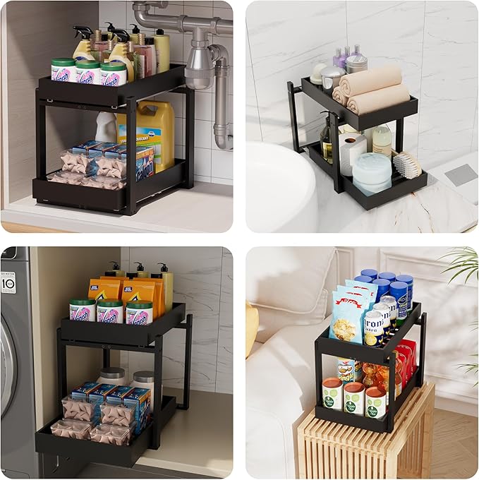 Bamboo Wood Under Sink Organizer 2 Pack, Pull Out Cabinet Organizer 2 Tier Under Sink Organizers and Storage with Sliding Drawer Sturdy Easy Assembly for Kitchen Bathroom (Black)